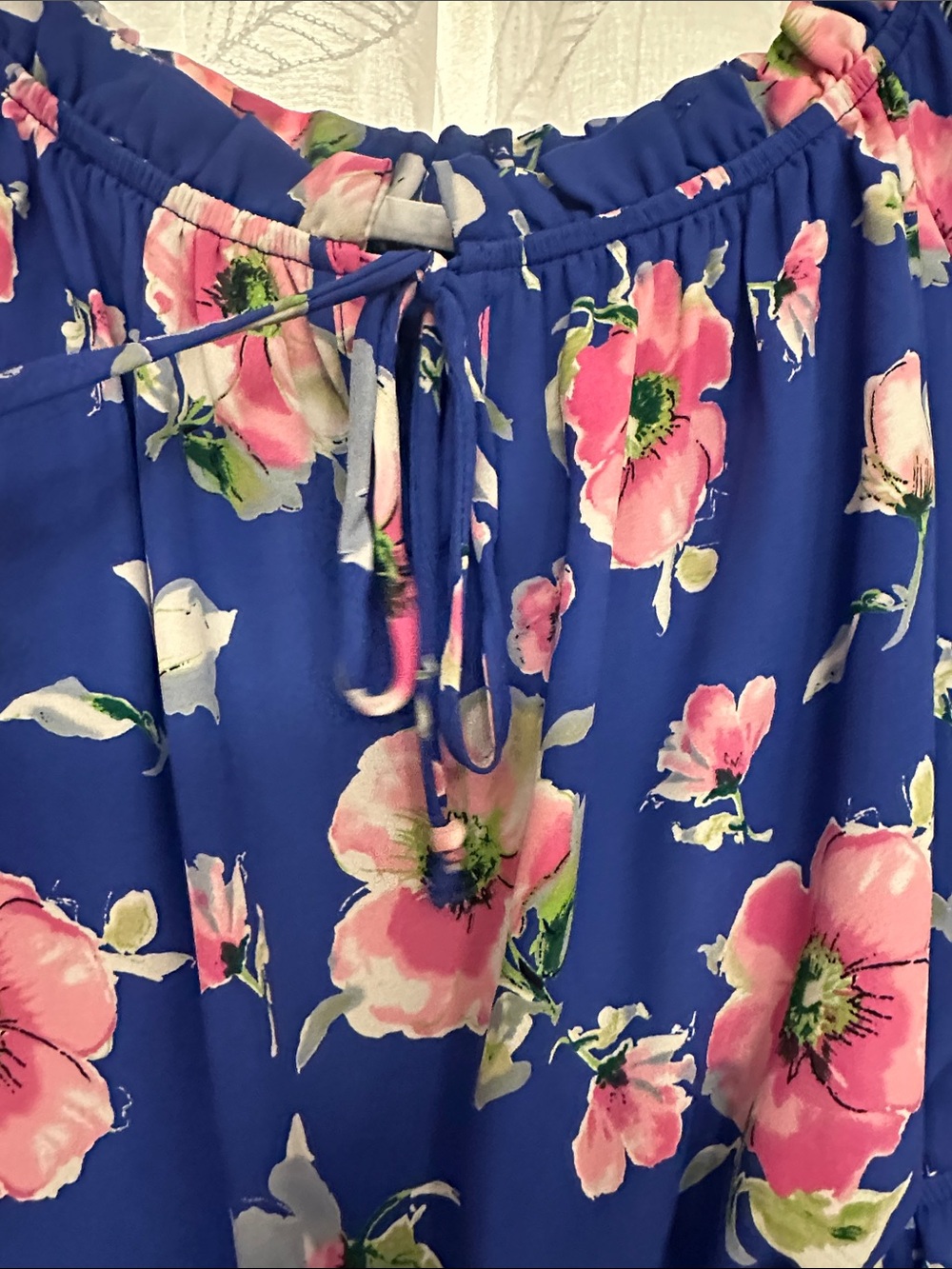 Peach Love California Blue Off-Shoulder Floral Romper with Pink Blooms - Picture 6 of 12